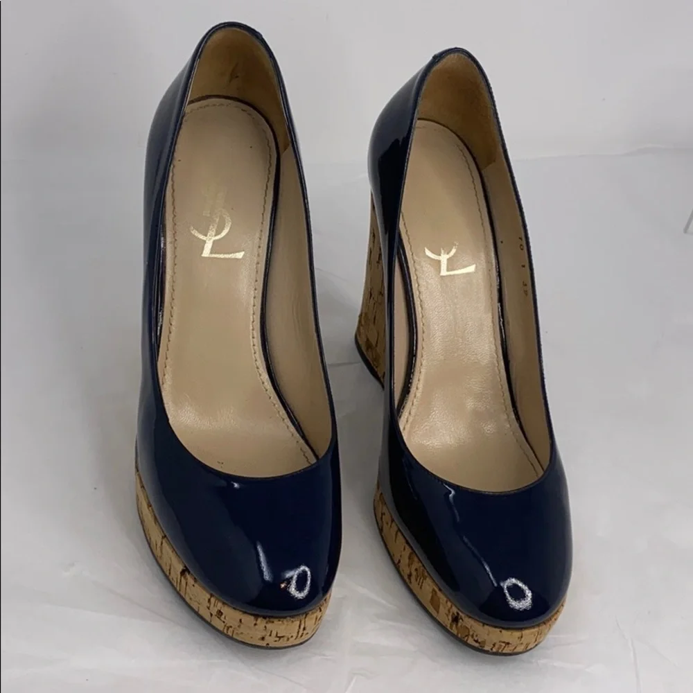 YSL Yves Saint Laurent 39 Navy Blue Patent Wedge